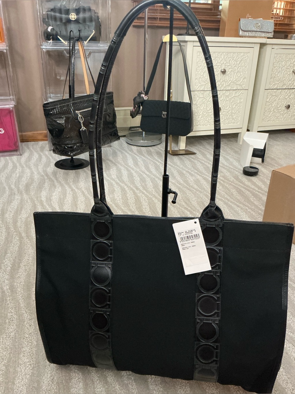 Salvatore Ferragamo Black Gancini Canvas Tote Bag Large Shoulder Shopper - Picture 5 of 16
